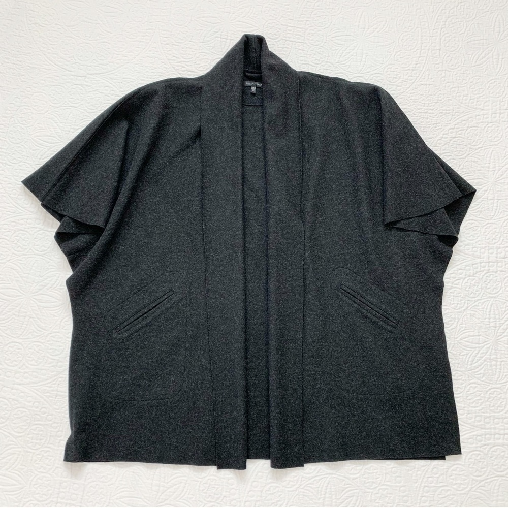 Eileen Fisher Wool-Blend Kimono Poncho Cardigan Wrap Cape, Charcoal (M/L)